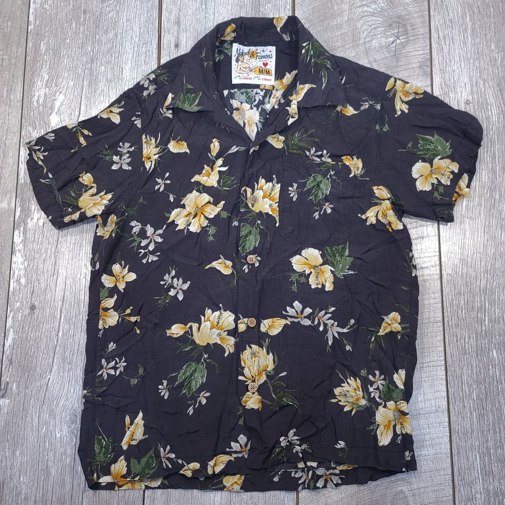 Naked & Famous Aloha Shirt Mens Medium Black Yellow Silky Flowers Floral Rayon
